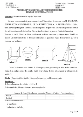 Première page de Mathématiques 6e — 1er devoir surveillé, 1er semestre (2023-2024) · CEG Yagbe