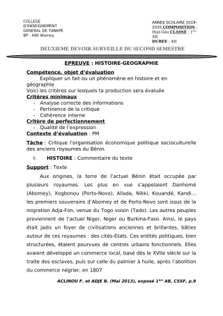 Première page de Histoire-Géographie 1ère A2, 1ère B — 2e devoir surveillé, 2e semestre (2019-2020) · CEG Tankpè
