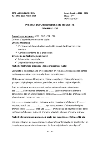 Première page de SVT 6e, 5e, 4e, 3e, 3e ML, 2nde B, 2nde D — 1er devoir surveillé, 2e trimestre (2020-2021) · CEPG La Prunelle de Dieu