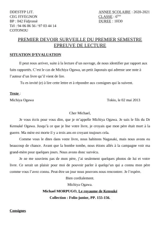 Première page de Français 6e — 1er devoir surveillé, 1er semestre (2020-2021) · CEG FIYEGNON