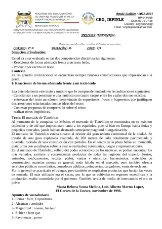 Première page de Espagnol 1ère A — 2022-2023 · CEG1 Ikpinlè