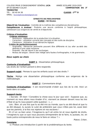 Première page de Philosophie 2nde C, 2nde D — Composition, 1er trimestre (2019-2020) · CPEG LICA
