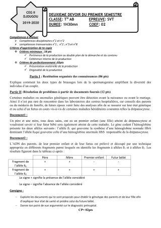 Première page de SVT Tle A2, Tle B — 2e devoir surveillé, 1er semestre (2019-2020) · CEG 2 Djougou