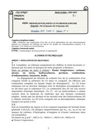 Première page de PCT 1ère C — 1er devoir surveillé, 1er semestre (2022-2023) · CEG ZONGO