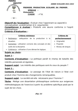 Première page de Philosophie 2nde A, 2nde D, 1ère A, 1ère D, Tle A, Tle D — 1re production scolaire, 1er semestre (2021-2022) · CEG Perma