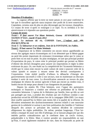 Première page de Français 2nde A & B, 2nde D, 1ère A & B, 1ère D, Tle A & B — Devoir surveillé, 2e semestre (2019-2020) · Lycée Houegbadja d'Abomey (Ex Mafory Bangoura)