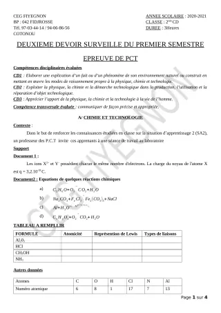 Première page de PCT 2nde C, 2nde D — 2e devoir surveillé, 1er semestre (2020-2021) · CEG FIYEGNON