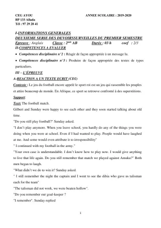 Première page de Anglais 2nde A & B — 2e devoir surveillé, 1er semestre (2019-2020) · CEG AYOU