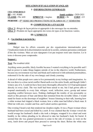 Première page de Anglais Tle A2, Tle D — 1re production scolaire, 1er semestre (2020-2021) · CEG ONIGBOLO