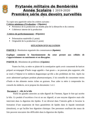 Première page de SVT 3e — 1er devoir surveillé, 1er semestre (2019-2020) · PMB