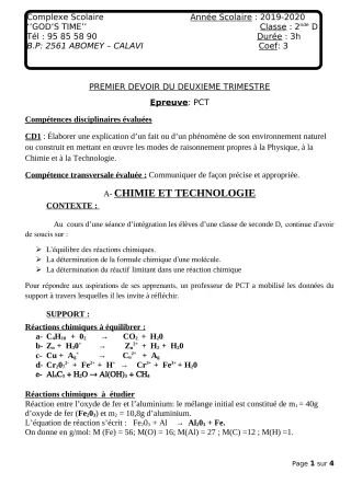 Première page de PCT 2nde D — 1er devoir surveillé, 2e trimestre (2019-2020) · CPEG GOD'S TIME