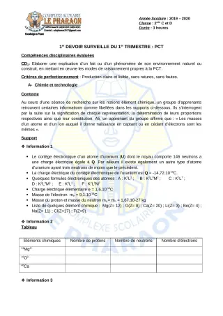 Première page de PCT 2nde C, 2nde D — 1er devoir surveillé, 1er trimestre (2019-2020) · CPEG LE PHARAON
