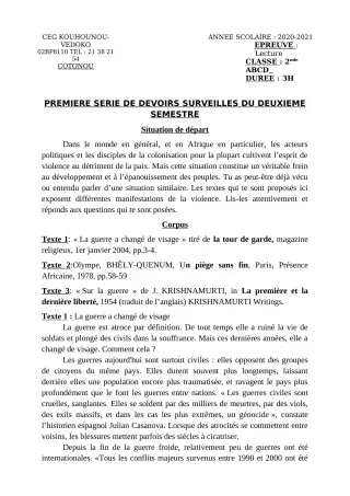 Première page de Français 2nde A1, 2nde A2, 2nde B, 2nde C, 2nde D — 1er devoir surveillé, 2e semestre (2020-2021) · CEG Kouhounou-Vêdoko
