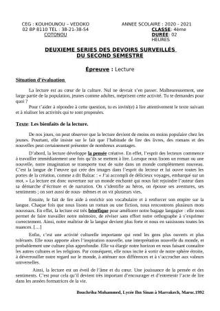 Première page de Français 4e — 2e devoir surveillé, 2e semestre (2020-2021) · CEG Kouhounou-Vêdoko
