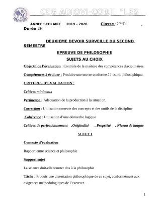 Première page de Philosophie 2nde D — 2e devoir surveillé (2019-2020) · CEG ADJOVICODJI 'LES OLIVIERS'