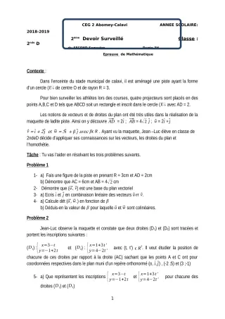 Première page de Mathématiques 2nde C, 2nde D — 2e devoir surveillé, 2e semestre (2018-2019) · CEG2 ABOMEY - CALAVI (CEG ZOCA)