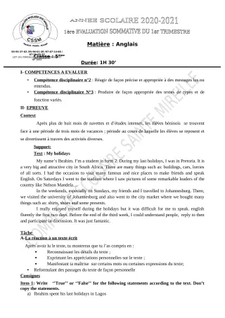Première page de Anglais 6e, 5e, 4e, 3e, 2nde A2, 1ère A2, Tle A2 — 1re évaluation sommative, 1er trimestre (2021-2022) · CPEG SAINTE MIREILLE