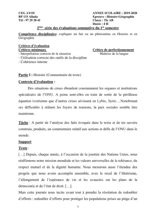 Première page de Histoire-Géographie Tle A2 — 2e évaluation sommative, 1er semestre (2019-2020) · CEG AYOU