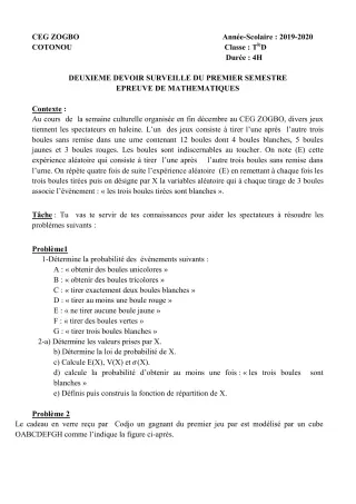 Première page de Mathématiques Tle D — 2e devoir surveillé, 1er semestre (2019-2020) · CEG ZOGBO