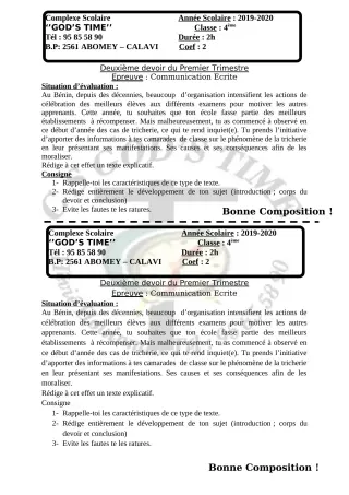 Première page de Français 4e ML — Composition, 1er trimestre (2019-2020) · CPEG GOD'S TIME