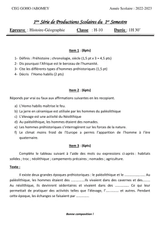 Première page de Histoire-Géographie 6e — 1re production scolaire, 1er semestre (2022-2023) · CEG GOHO