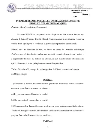 Première page de Mathématiques 1ère D — 1er devoir surveillé, 2e semestre (2019-2020) · CEG ADJOVICODJI 'LES OLIVIERS'