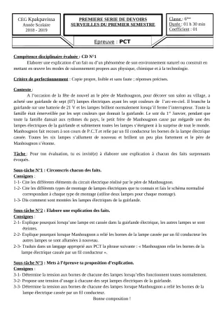 Première page de PCT 6e, 5e, 4e ML&MC, 3e — 1er devoir surveillé, 1er semestre (2018-2019) · CEG Kpakpavissa