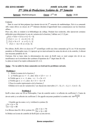 Première page de Mathématiques 2nde A & B — 2e production scolaire, 2e semestre (2022-2023) · CEG GOHO