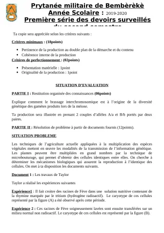 Première page de SVT Tle C — 1er devoir surveillé, 2e semestre (2019-2020) · PMB