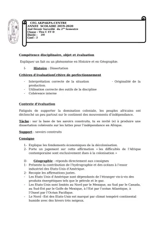 Première page de Histoire-Géographie Tle C, Tle D — 2e devoir surveillé, 2e semestre (2019-2020) · CEG 1 Akpakpa-Centre