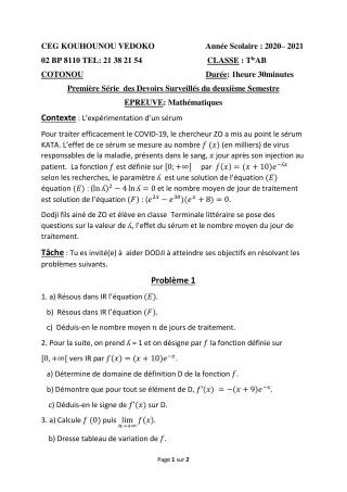 Première page de Mathématiques Tle A1, Tle A2, Tle B — 1er devoir surveillé, 2e semestre (2020-2021) · CEG Kouhounou-Vêdoko