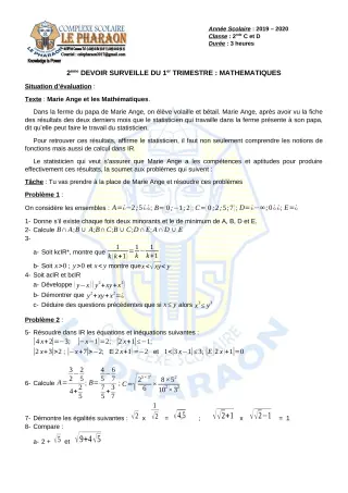Première page de Mathématiques 2nde C, 2nde D — 2e devoir surveillé, 1er trimestre (2019-2020) · CPEG LE PHARAON