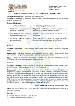 Première page de Philosophie 2nde C, 2nde D — 1er devoir surveillé, 3e trimestre (2019-2020) · CPEG LE PHARAON