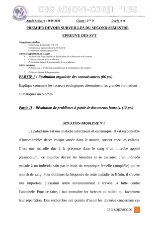 Première page de SVT 2nde D — 1er devoir surveillé, 2e semestre (2019-2020) · CEG ADJOVICODJI 'LES OLIVIERS'
