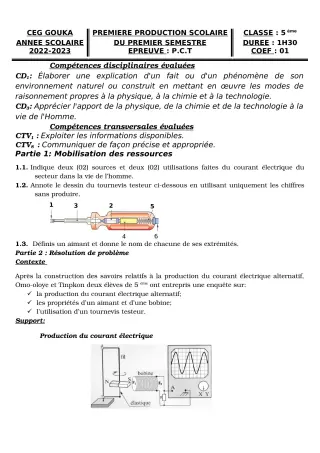 Première page de PCT 5e — 1re production scolaire, 1er semestre (2022-2023) · CEG GOUKA