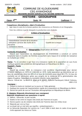 Première page de Histoire-Géographie 6e, 5e, 4e, 4e ML, 4e ML&MC, 3e, 3e ML — 2e devoir surveillé, 2e semestre (2019-2020) · CEG AYAHOHOUE