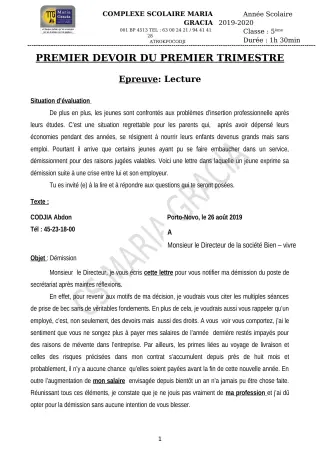 Première page de Français 5e — 1er devoir surveillé, 1er trimestre (2019-2020) · CPEG MARIA GRACIA
