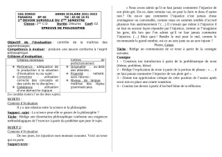 Première page de Philosophie 2nde A, 2nde A2, 2nde B, 2nde C, 2nde D, 1ère A1, 1ère A2, 1ère B, 1ère C, 1ère D, Tle A1, Tle A2, Tle B, Tle C, Tle D — 1er devoir surveillé, 2e semestre (2021-2022) · CEG ZONGO