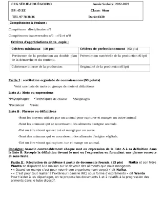Première page de Devoir surveillé de SVT — 6e — CEG Sèdjè-Houègoudo (2022)