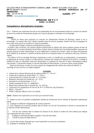 Première page de PCT 3e — 1er devoir surveillé (2019-2020) · CPEG LICA