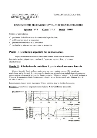 Première page de SVT Tle A1, Tle A2, Tle B, Tle C — 2e devoir surveillé, 2e semestre (2020-2021) · CEG Kouhounou-Vêdoko