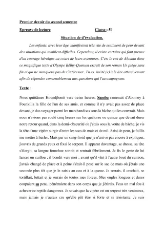 Première page de Français 5e — 1er devoir surveillé, 2e semestre (2020-2021) · CEG Dantokpa