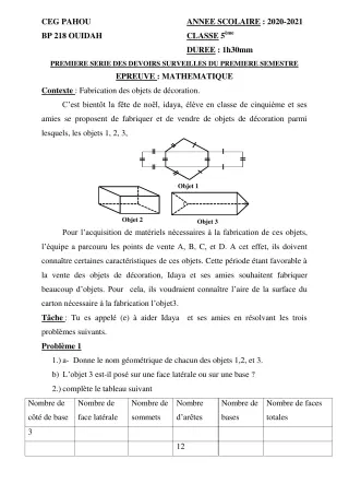 Première page de Mathématiques 5e — 1er devoir surveillé, 1er semestre (2021-2022) · CEG PAHOU