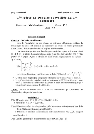 Première page de Mathématiques Tle D — 1er devoir surveillé, 1er semestre (2018-2019) · CEG Lissazounmè