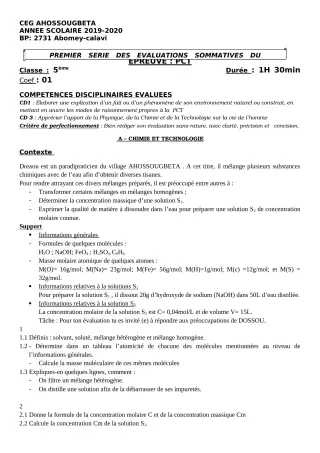 Première page de PCT 5e — Évaluation sommative (2019-2020) · CEG Ahossougbéta