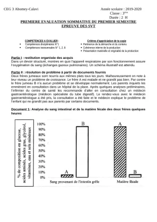 Première page de SVT 6e, 5e, 3e, 3e ML — 1re évaluation sommative, 1er semestre (2019-2020) · CEG3 ABOMEY CALAVI