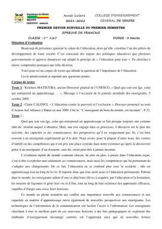 Première page de Français 1ère A2, 1ère D — 1er devoir surveillé, 1er semestre (2021-2022) · CEG SEKERE