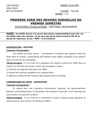 Première page de Histoire-Géographie Tle A2, Tle B — 1er devoir surveillé, 1er semestre (2022-2023) · CEG PAHOU