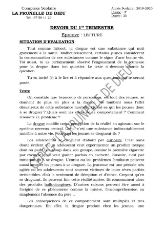 Première page de Français 3e, 3e ML — Devoir surveillé, 1er trimestre (2019-2020) · CEPG La Prunelle de Dieu
