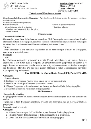 Première page de Histoire-Géographie 2nde A1, 2nde A2, 2nde B — 1er devoir surveillé, 2e trimestre (2020-2021) · CPEG SAINT Justin